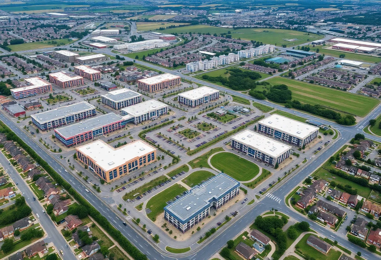 Aerial view of the Middletown Exchange project site with mixed-use buildings