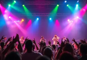 A lively concert performance at The Millennium Tour with artists on stage.