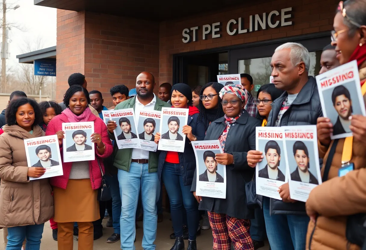 Community members participating in a search for a missing person, displaying flyers.