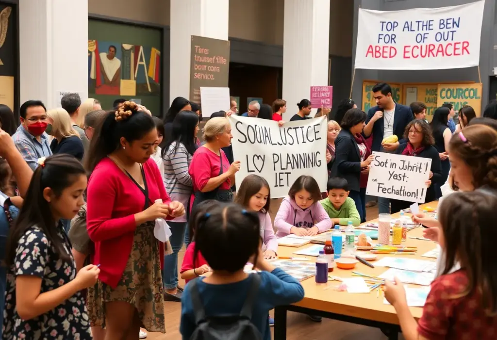 Community members participating in art workshops and performances for MLK Day.