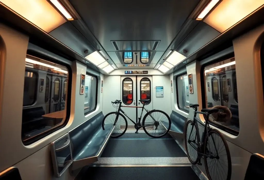 Interior of a modern subway car with bright lighting and bike storage
