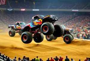 Crowd enjoying Monster Jam at CFG Bank Arena with monster trucks in action.