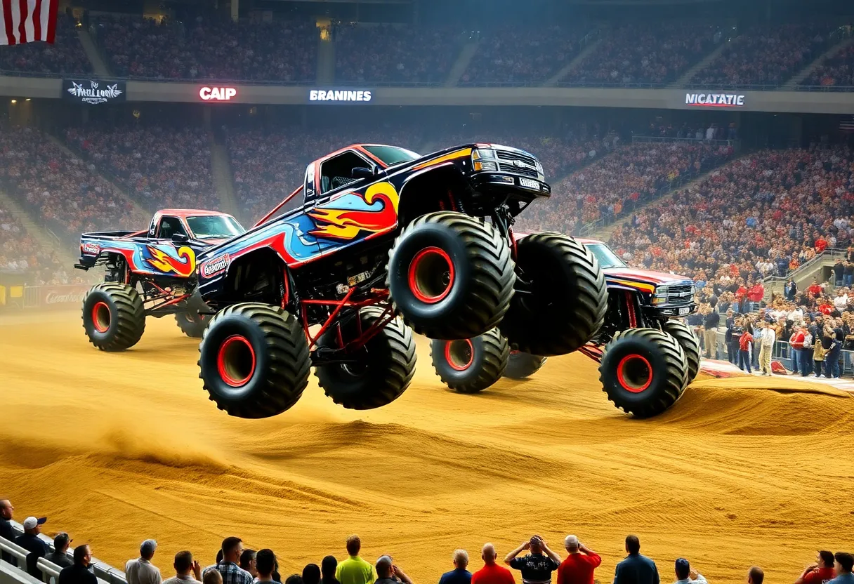 Crowd enjoying Monster Jam at CFG Bank Arena with monster trucks in action.