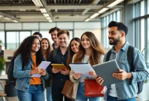 Diverse college graduates in an office looking for job opportunities