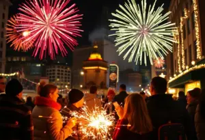 Fireworks display illuminating the night sky over Baltimore and Annapolis during New Year's Eve celebrations.