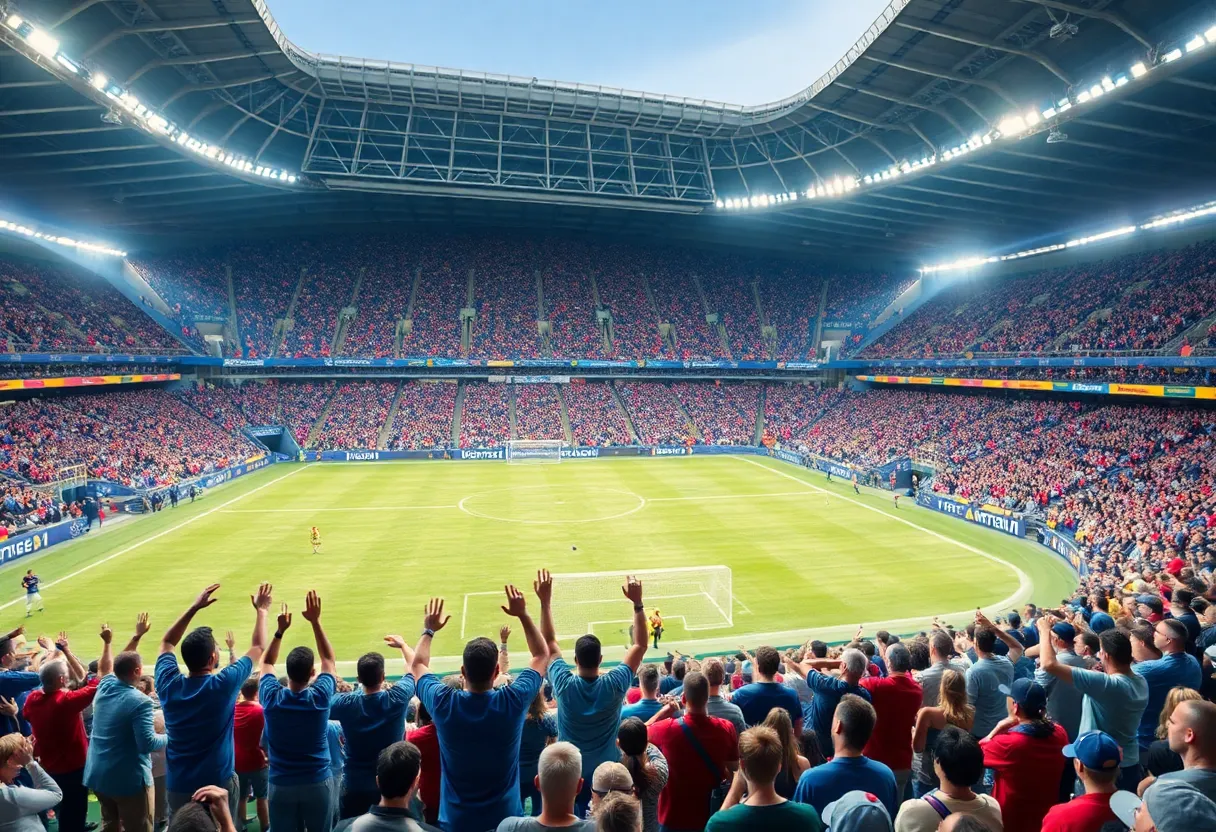 Excited fans supporting the New York Giants during a game