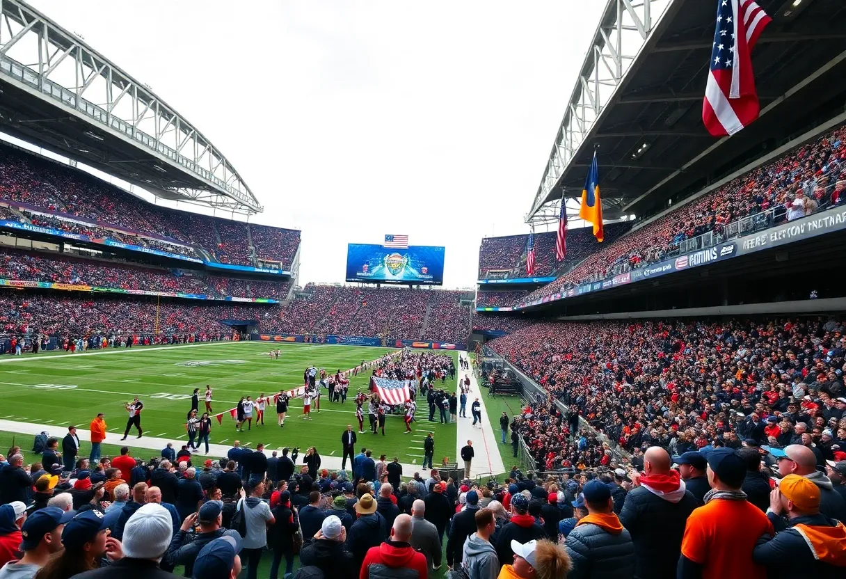 Fans and team flags at an NFL stadium during the offseason