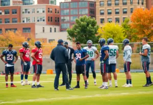 Players on a football field discussing strategies for the offseason.