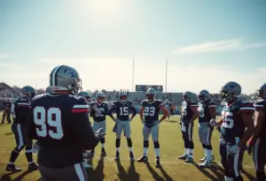 Players engaging in trade discussions on a football field