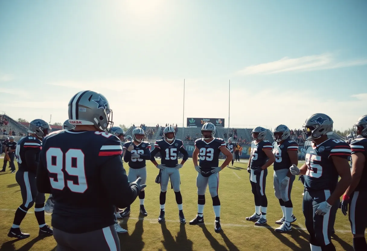Players engaging in trade discussions on a football field