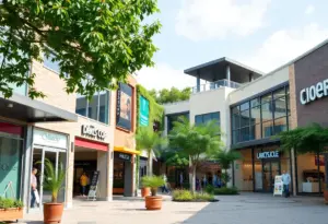 Exterior view of Normandy Shopping Center with various storefronts and signage.
