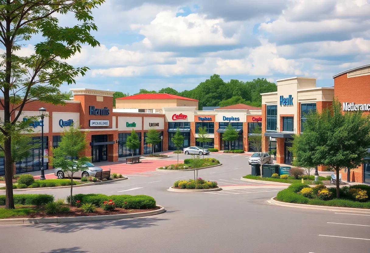Exterior view of the Normandy Shopping Center with multiple storefronts