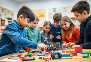 Students from North Salisbury Elementary collaborating on a robotics project with Lego.
