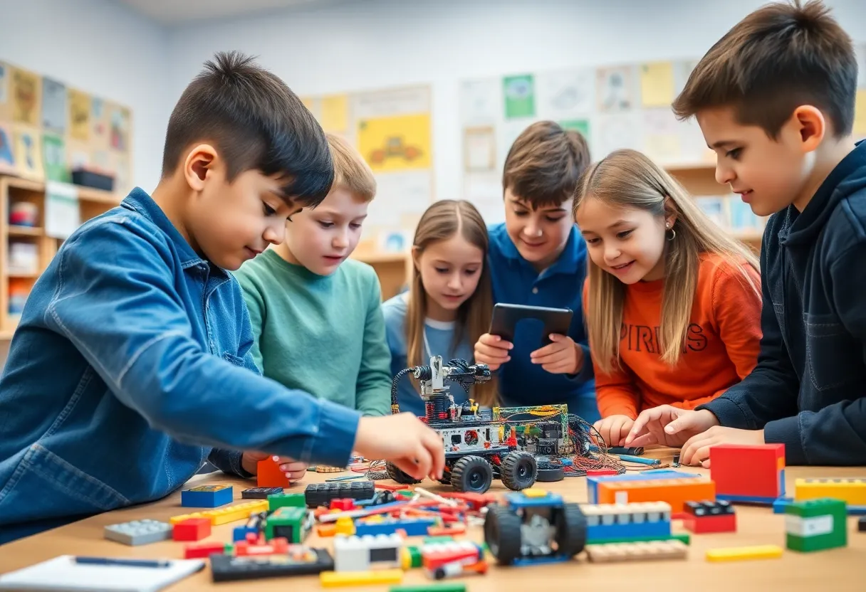 Students from North Salisbury Elementary collaborating on a robotics project with Lego.