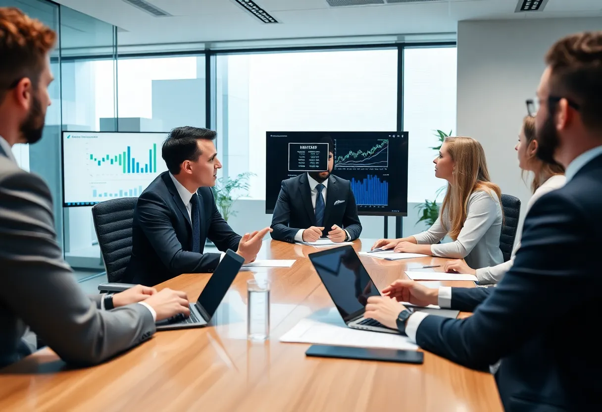 Professionals discussing investment strategies in a modern office