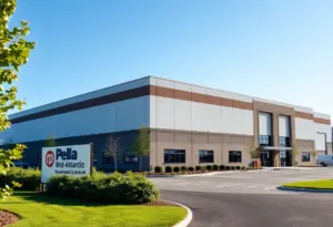 An expansive view of the Pella Mid-Atlantic warehouse highlighting the new structural additions.