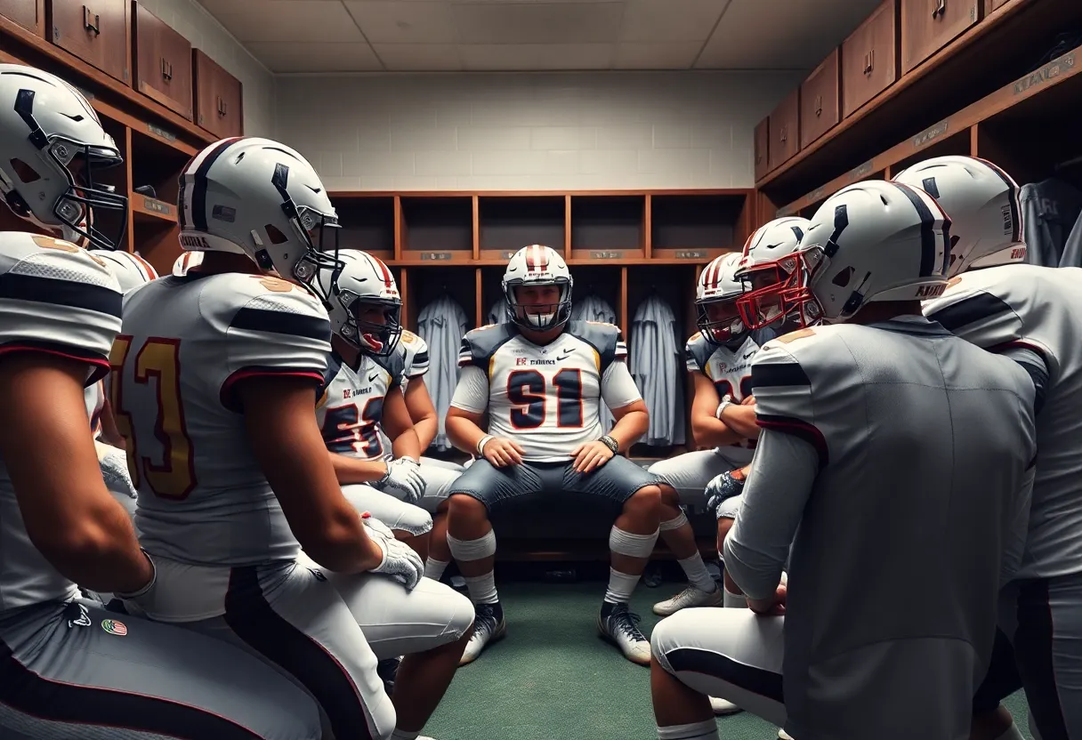 Pittsburgh Steelers players in a locker room discussing strategies for coaching change.