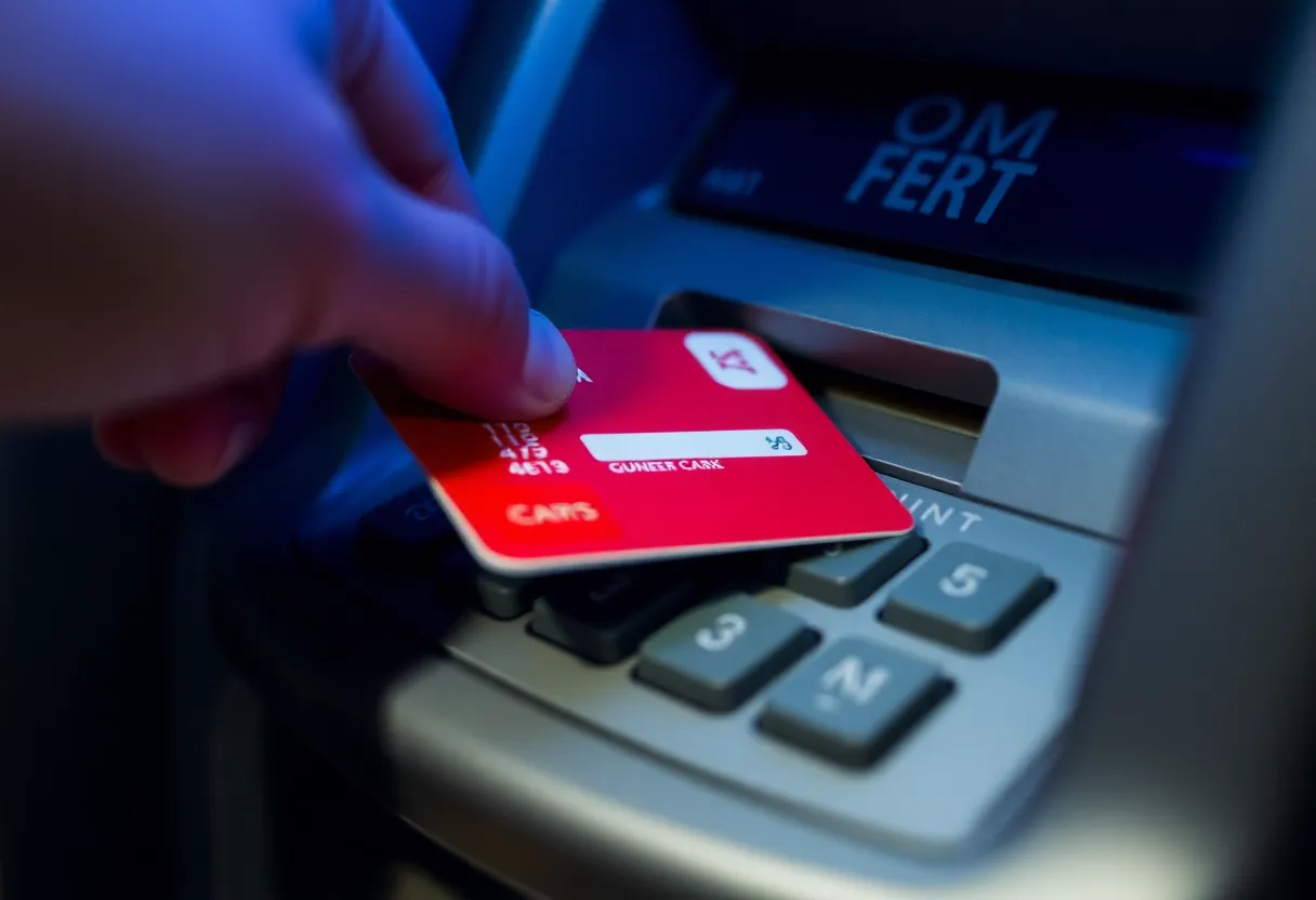 A user inserting a credit card into an ATM machine with a focus on the card reader.