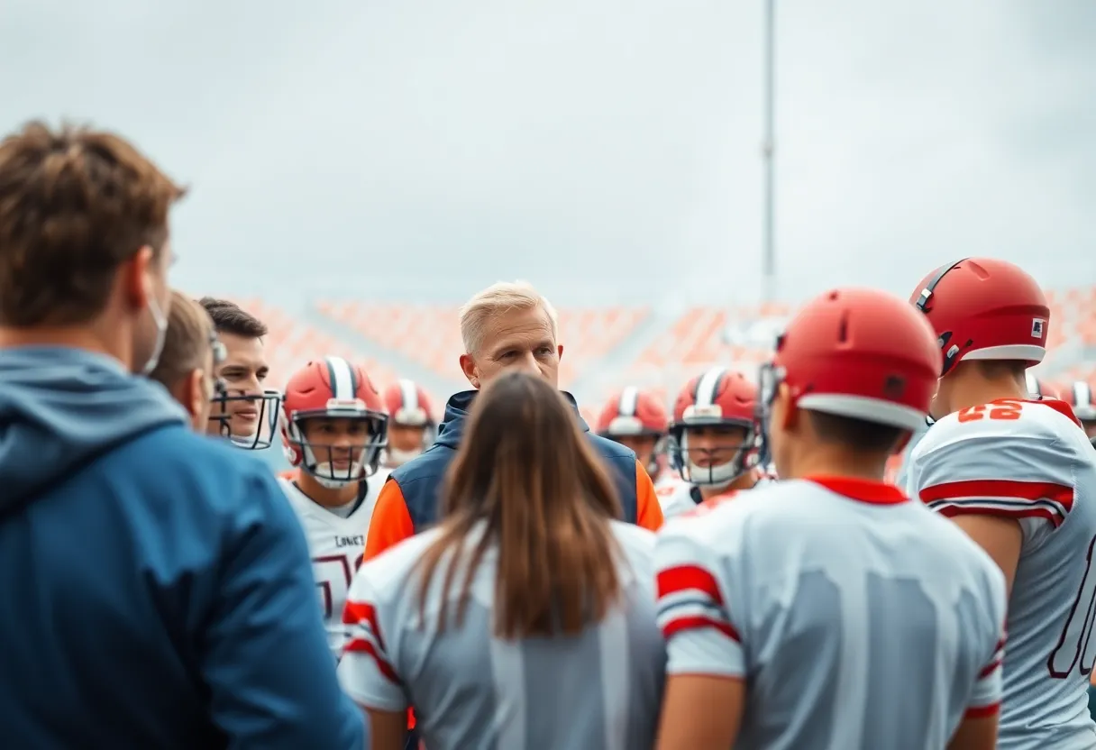 Baltimore Ravens new head coach leading a team huddle