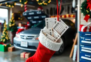 Christmas stocking with scratch-off lottery tickets and car tools in a garage
