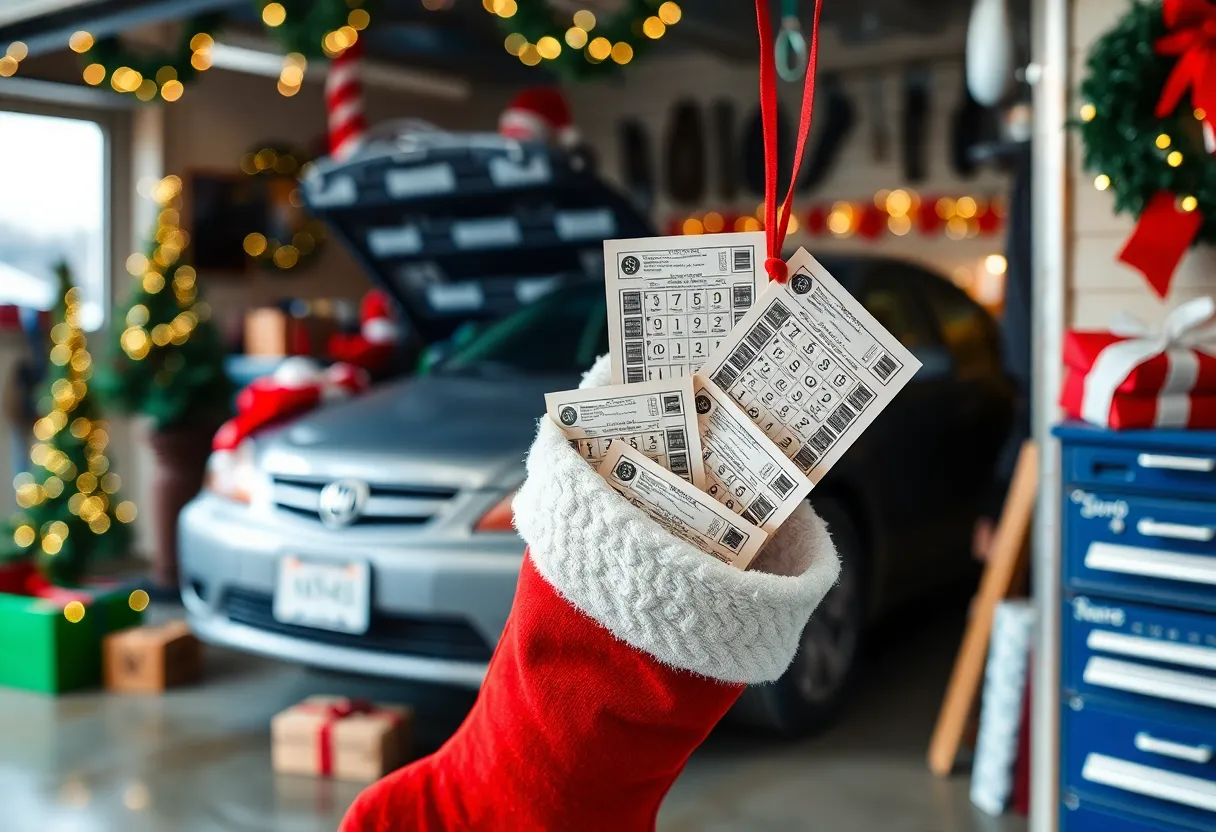 Christmas stocking with scratch-off lottery tickets and car tools in a garage