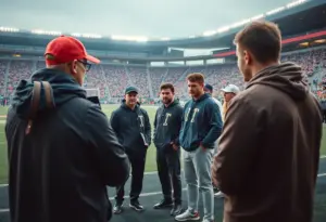 Coaching staff brainstorming strategies in a football stadium