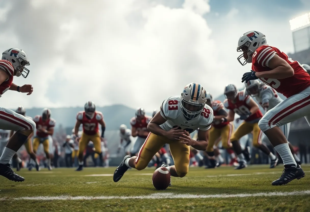 Football players fumbling the ball during a game