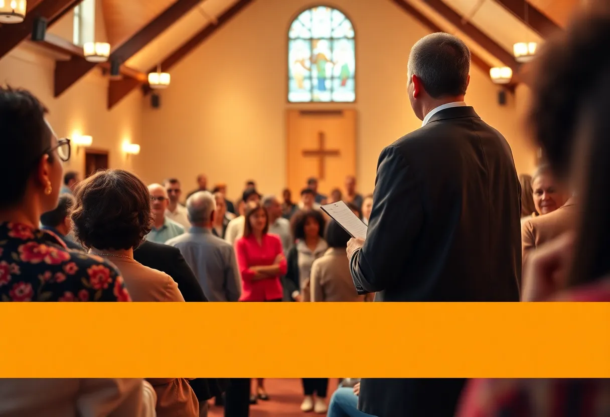 Audience at a community event with a speaker on stage