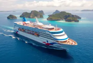 Cruise ship surrounded by beautiful islands and water