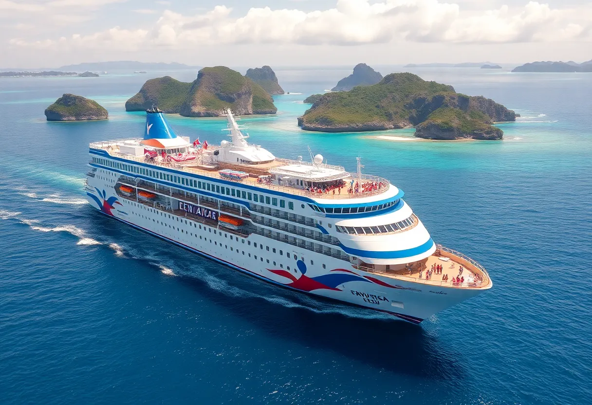 Cruise ship surrounded by beautiful islands and water