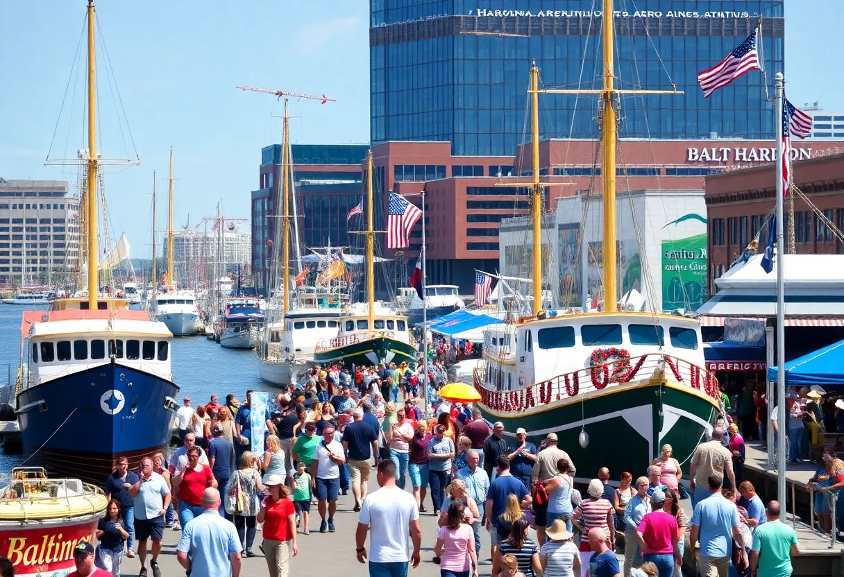 Festival scene at Sail250 Maryland with ships and airshow
