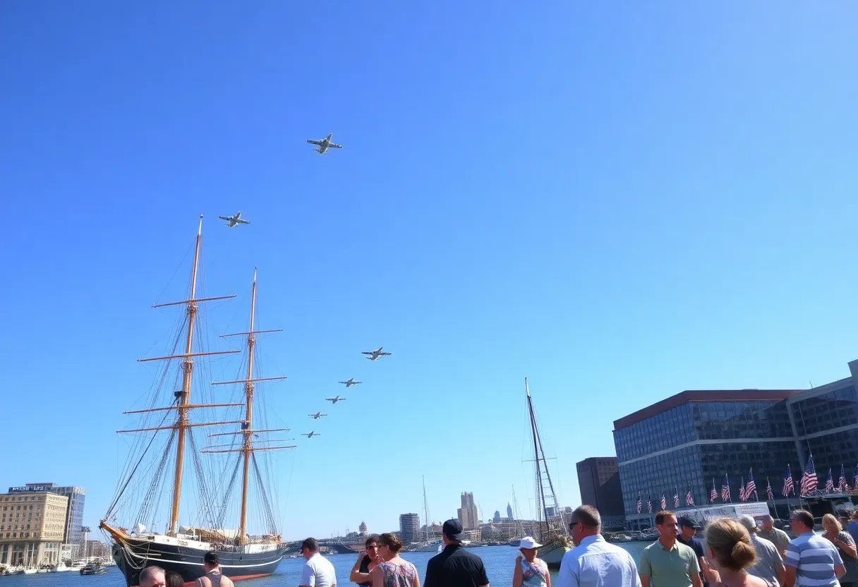 Families enjoying the SAIL250 Maryland Air Show with tall ships and military aircraft in the background.