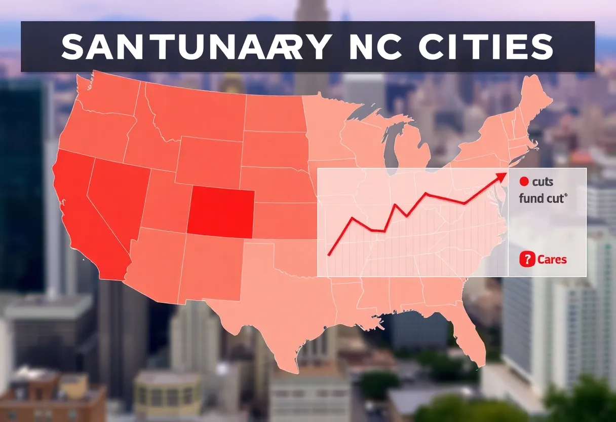 Map showing sanctuary cities in the United States with potential funding cuts indicated.