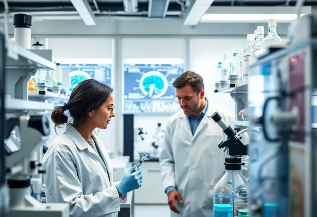 Researchers in a biotech lab working on neurodegenerative treatments