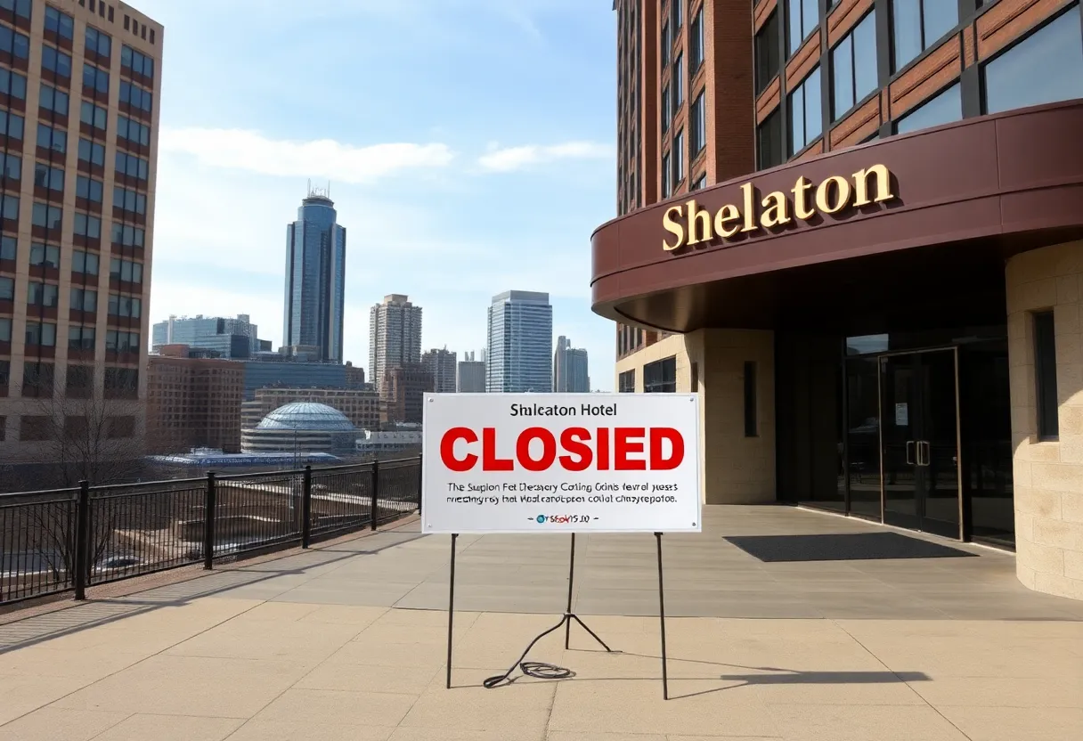 Exterior view of the Sheraton Inner Harbor Hotel showing closure signs.