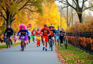 Participants of the Somers Point Halloween 5K having fun in costumes along the bike path