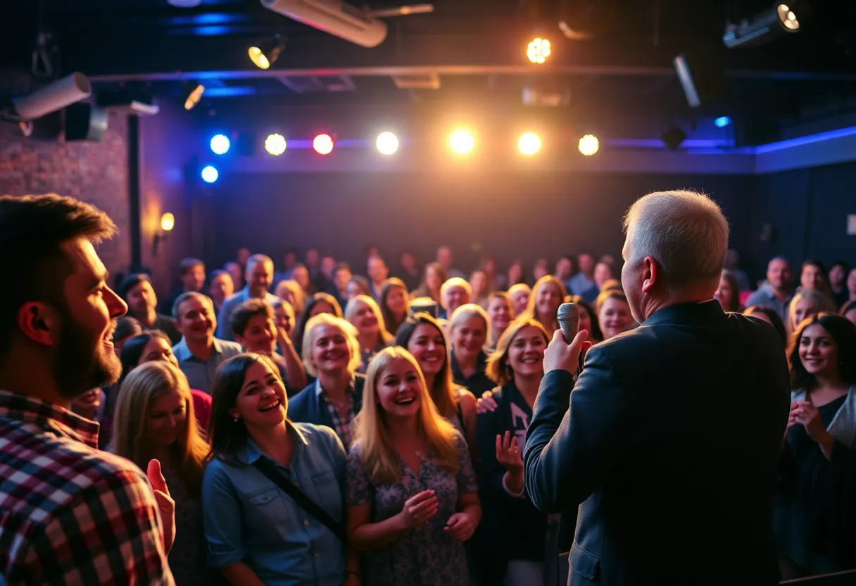 A lively comedy show with an engaged audience