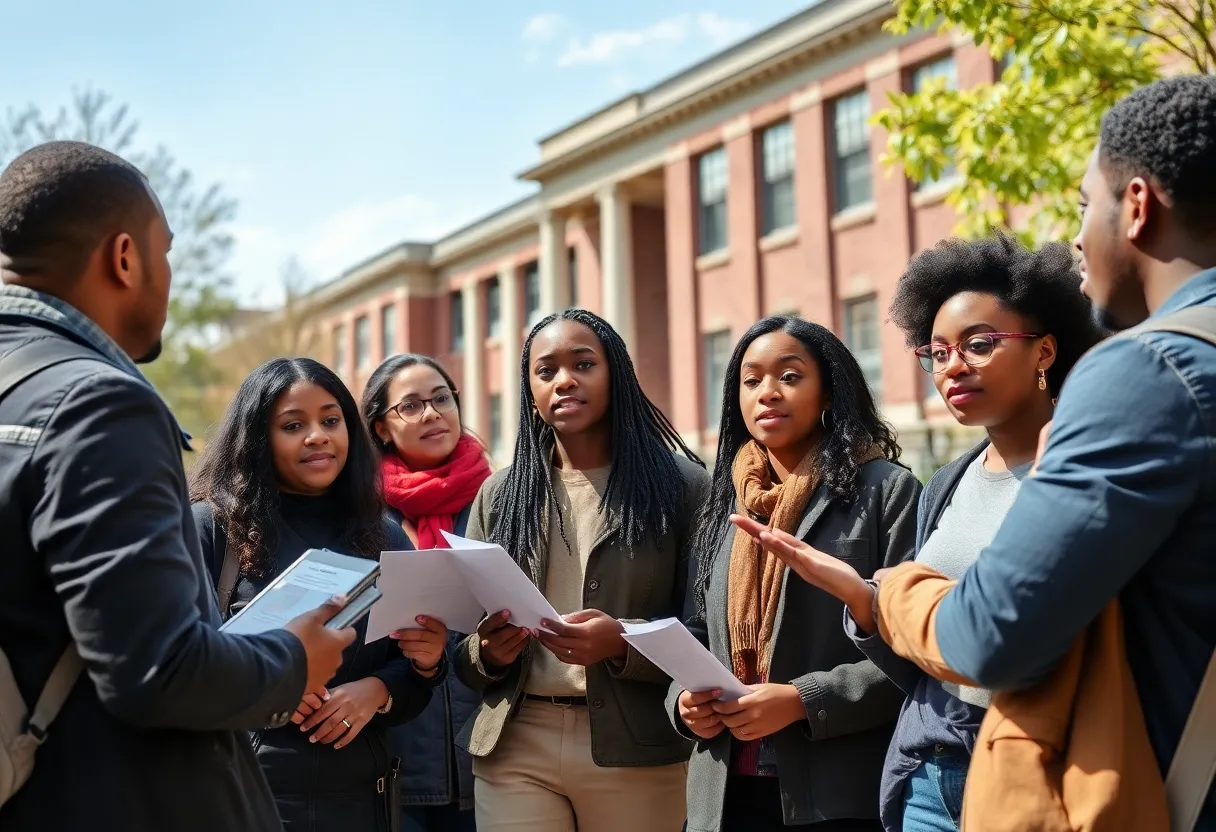 Group of student journalists at Morgan State University discussing media policy issues.
