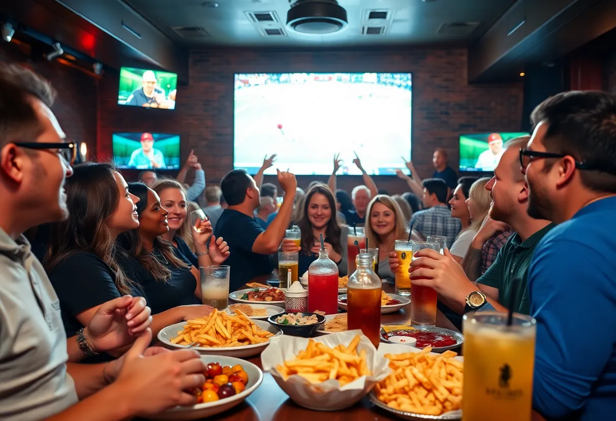 Energetic Super Bowl party scene in Baltimore with fans celebrating