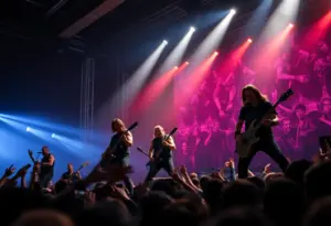 Live performance of the metal band Sylosis with energetic lighting and audience engagement.