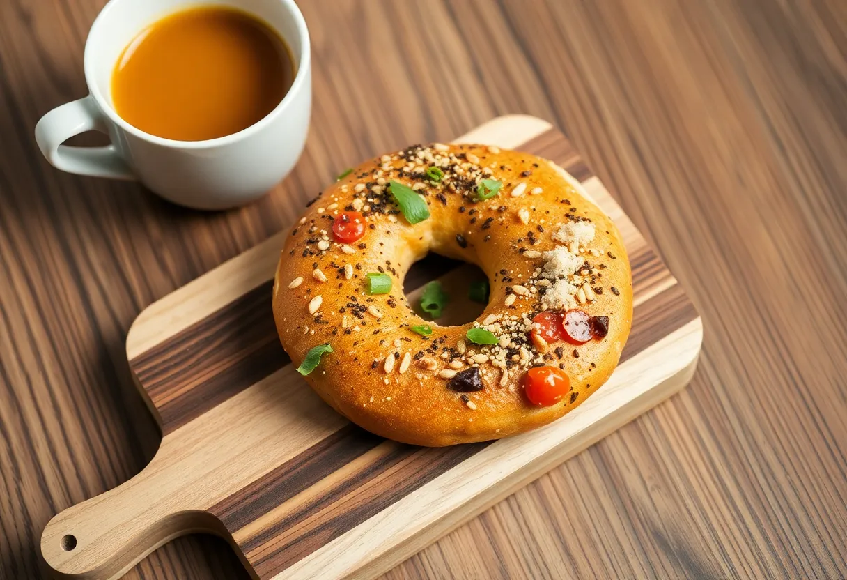 New York-style bagel with toppings and a cup of coffee