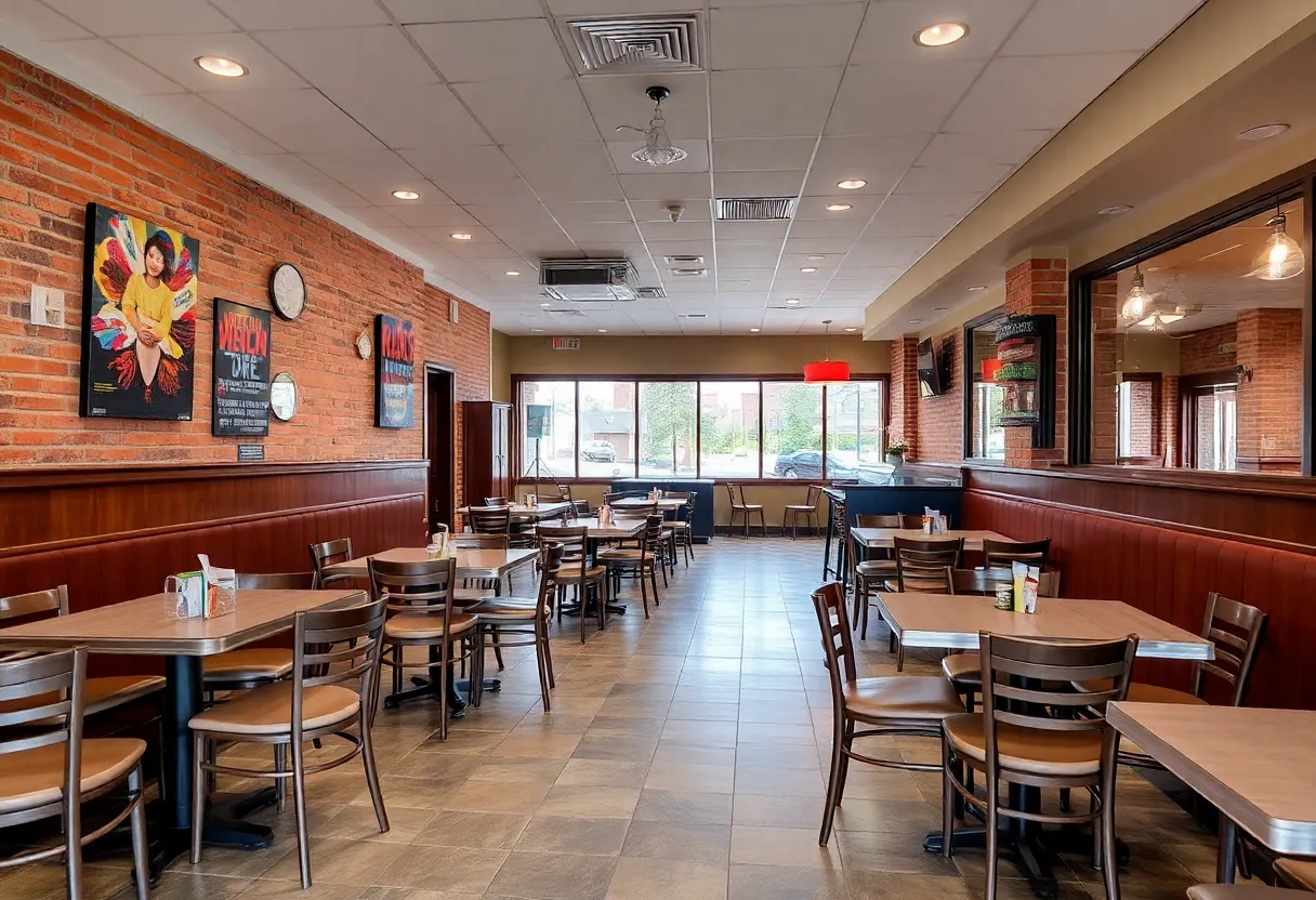Empty restaurant in Towson Square showing signs of closure