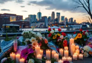 Tribute scene with candles and flowers in Baltimore