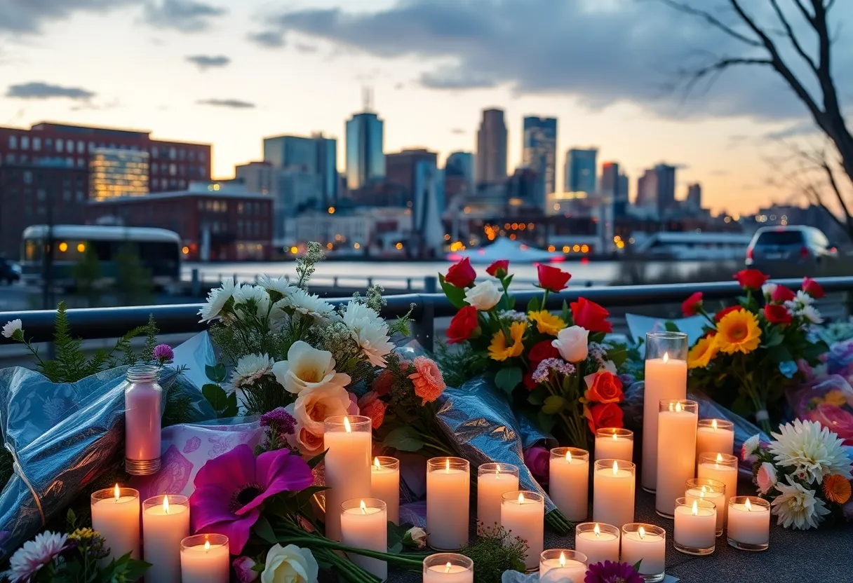 Tribute scene with candles and flowers in Baltimore