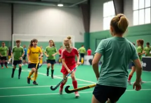 Young athletes playing field hockey at the U12 tournament in Columbia