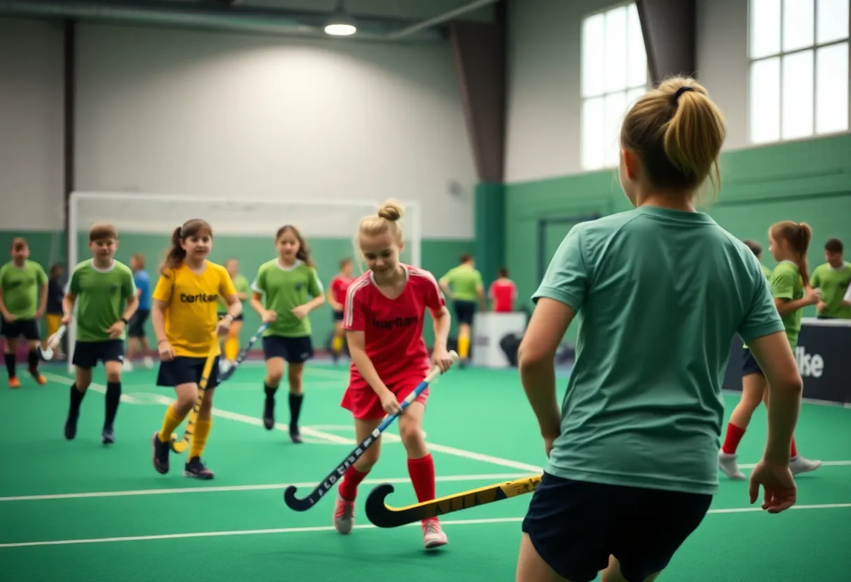 Young athletes playing field hockey at the U12 tournament in Columbia