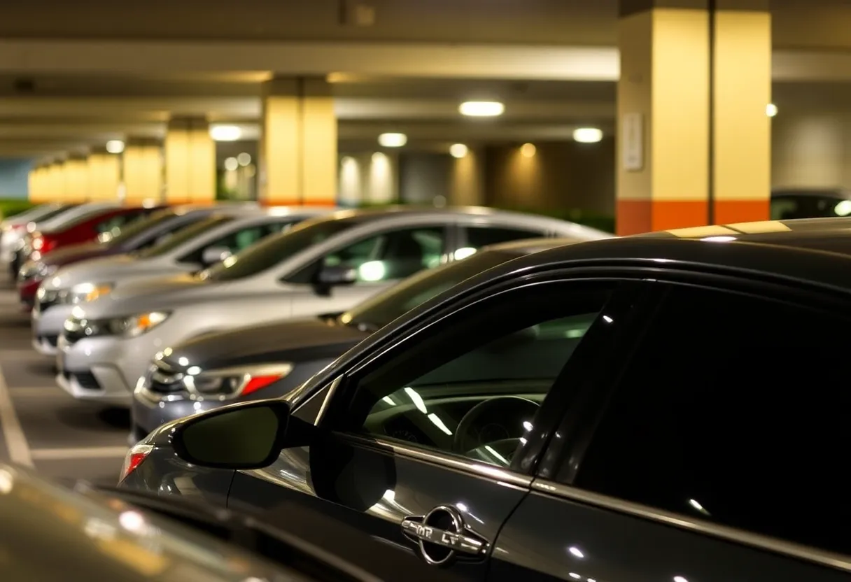 Well-lit parking area showcasing secure vehicles in Montgomery County