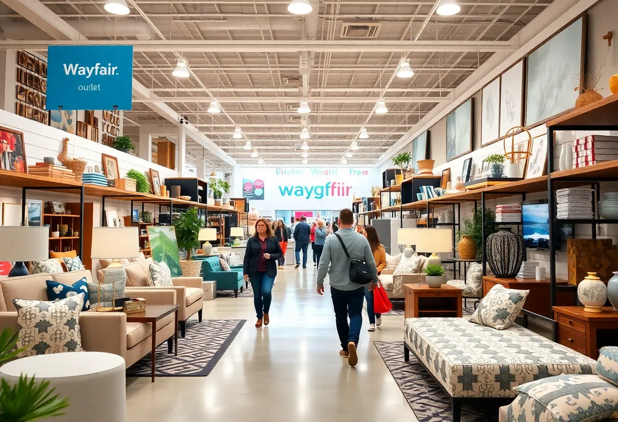 Interior view of Wayfair's outlet store with various home furnishings.