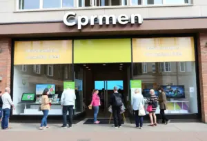 Exterior view of the new Xfinity Store with a vibrant atmosphere during the grand opening event.