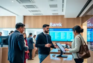 Customers engaging with staff in a modern bank branch showcasing customer service